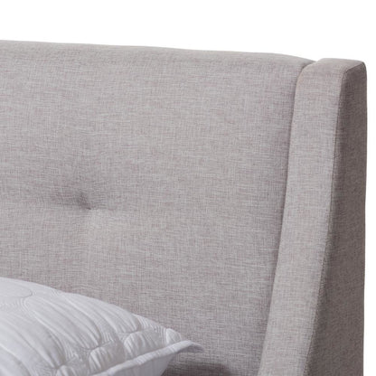 Greyish Beige Fabric Upholstered Walnut-Finished Full Sized Platform Bed