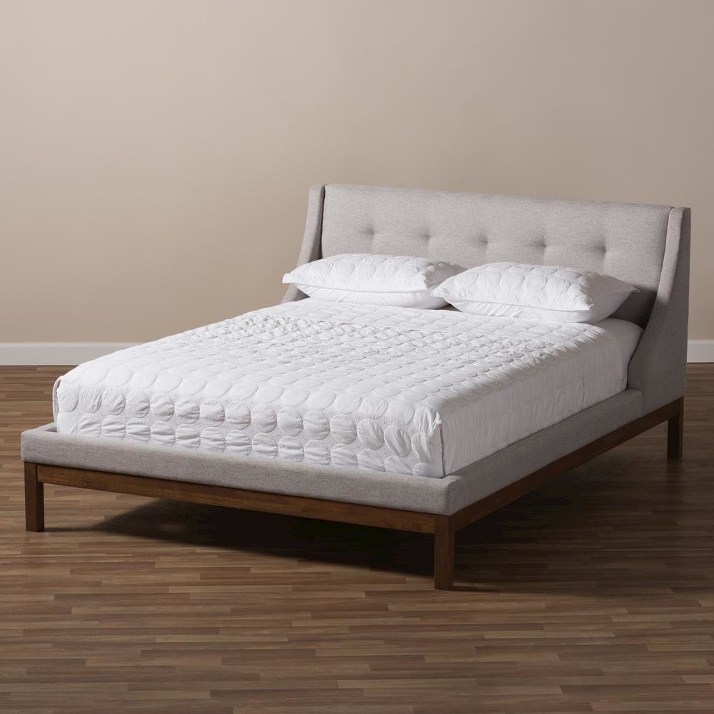 Greyish Beige Fabric Upholstered Walnut-Finished Full Sized Platform Bed