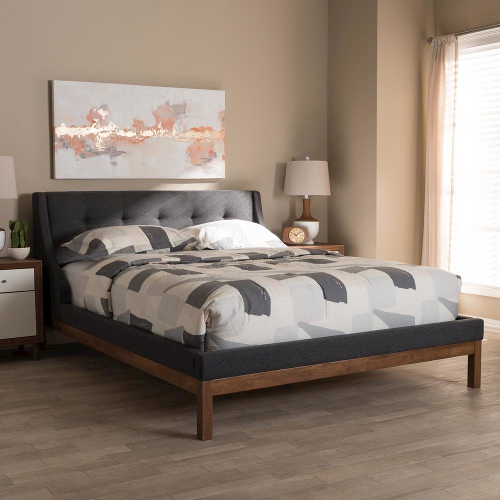 Dark Grey Fabric Upholstered Walnut-Finished Full Sized Platform Bed