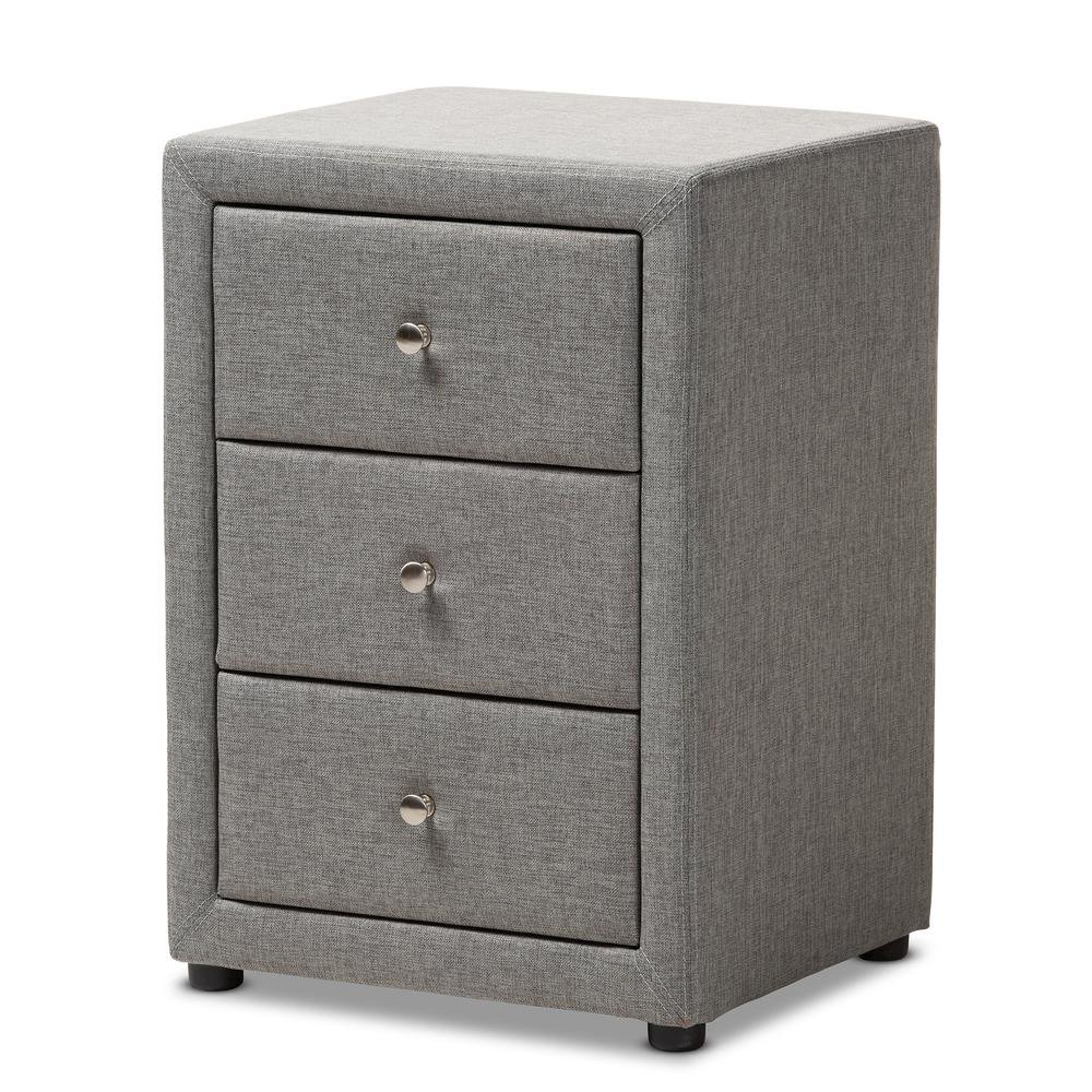Tessa Modern and Contemporary Grey Fabric Upholstered 3-Drawer Nightstand
