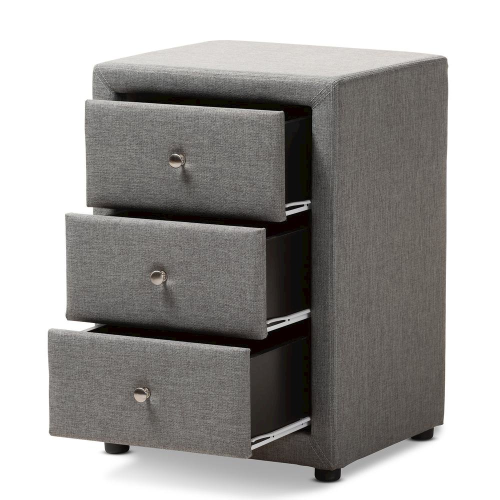 Tessa Modern and Contemporary Grey Fabric Upholstered 3-Drawer Nightstand
