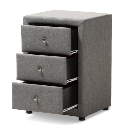 Tessa Modern and Contemporary Grey Fabric Upholstered 3-Drawer Nightstand