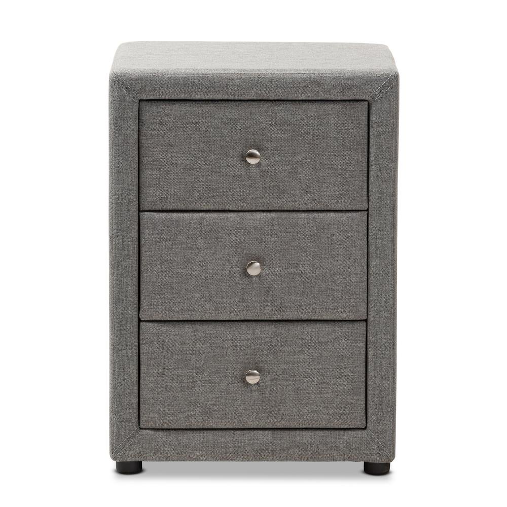 Tessa Modern and Contemporary Grey Fabric Upholstered 3-Drawer Nightstand