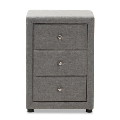 Tessa Modern and Contemporary Grey Fabric Upholstered 3-Drawer Nightstand