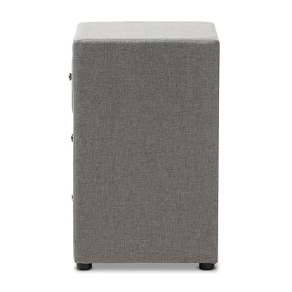 Tessa Modern and Contemporary Grey Fabric Upholstered 3-Drawer Nightstand