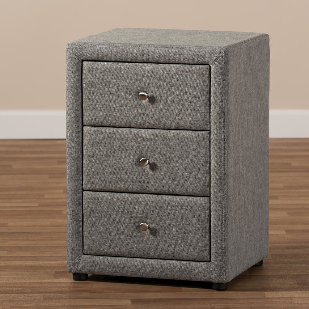 Tessa Modern and Contemporary Grey Fabric Upholstered 3-Drawer Nightstand