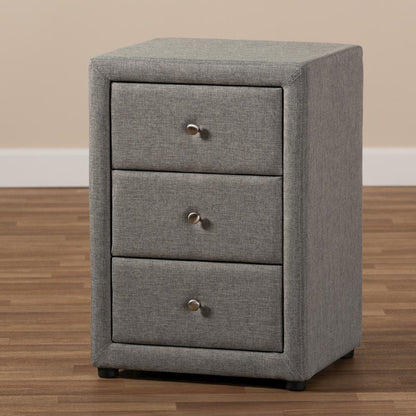 Tessa Modern and Contemporary Grey Fabric Upholstered 3-Drawer Nightstand