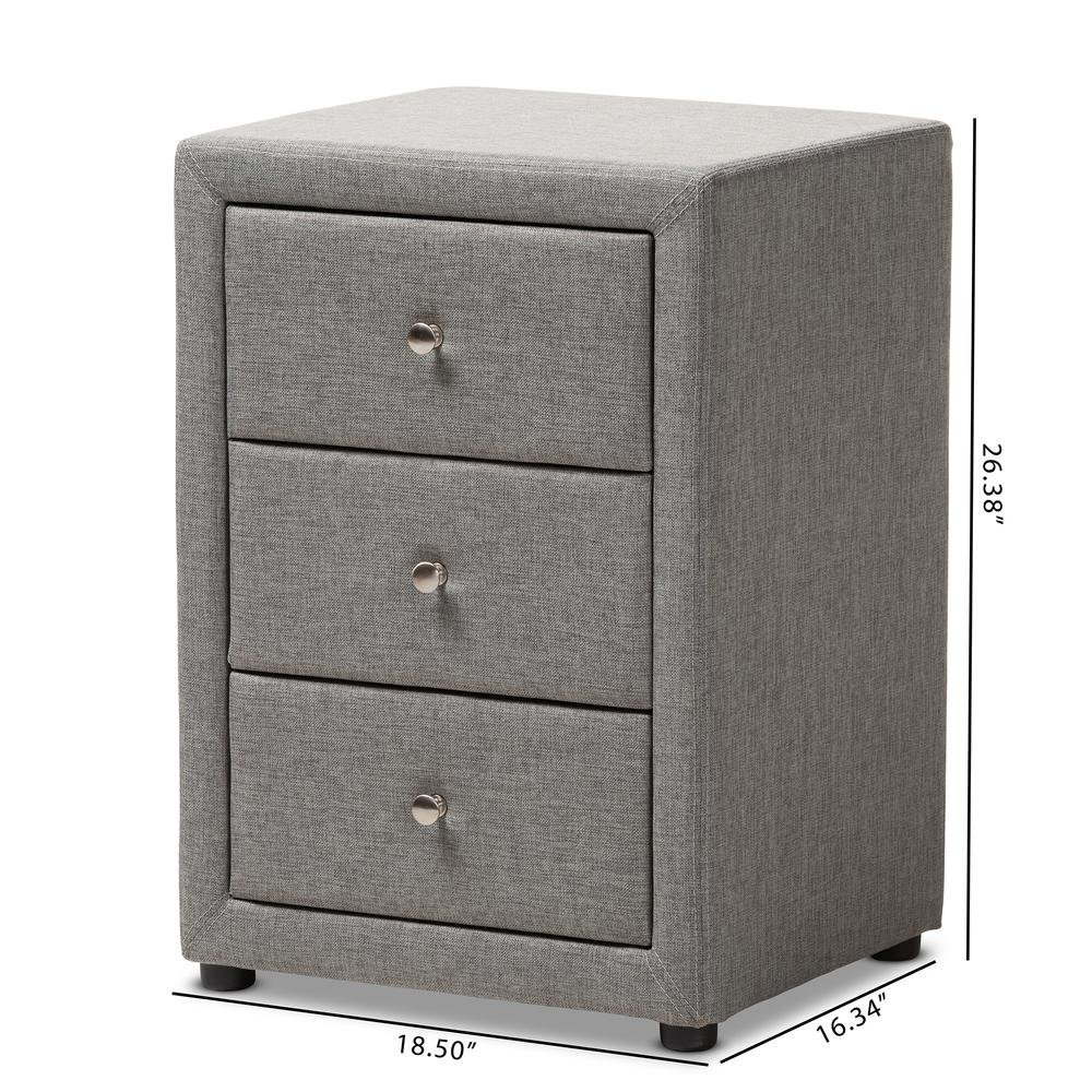 Tessa Modern and Contemporary Grey Fabric Upholstered 3-Drawer Nightstand