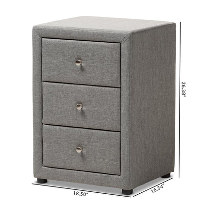 Tessa Modern and Contemporary Grey Fabric Upholstered 3-Drawer Nightstand
