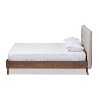 Light Beige Fabric Upholstered Walnut Wood King Size Platform Bed