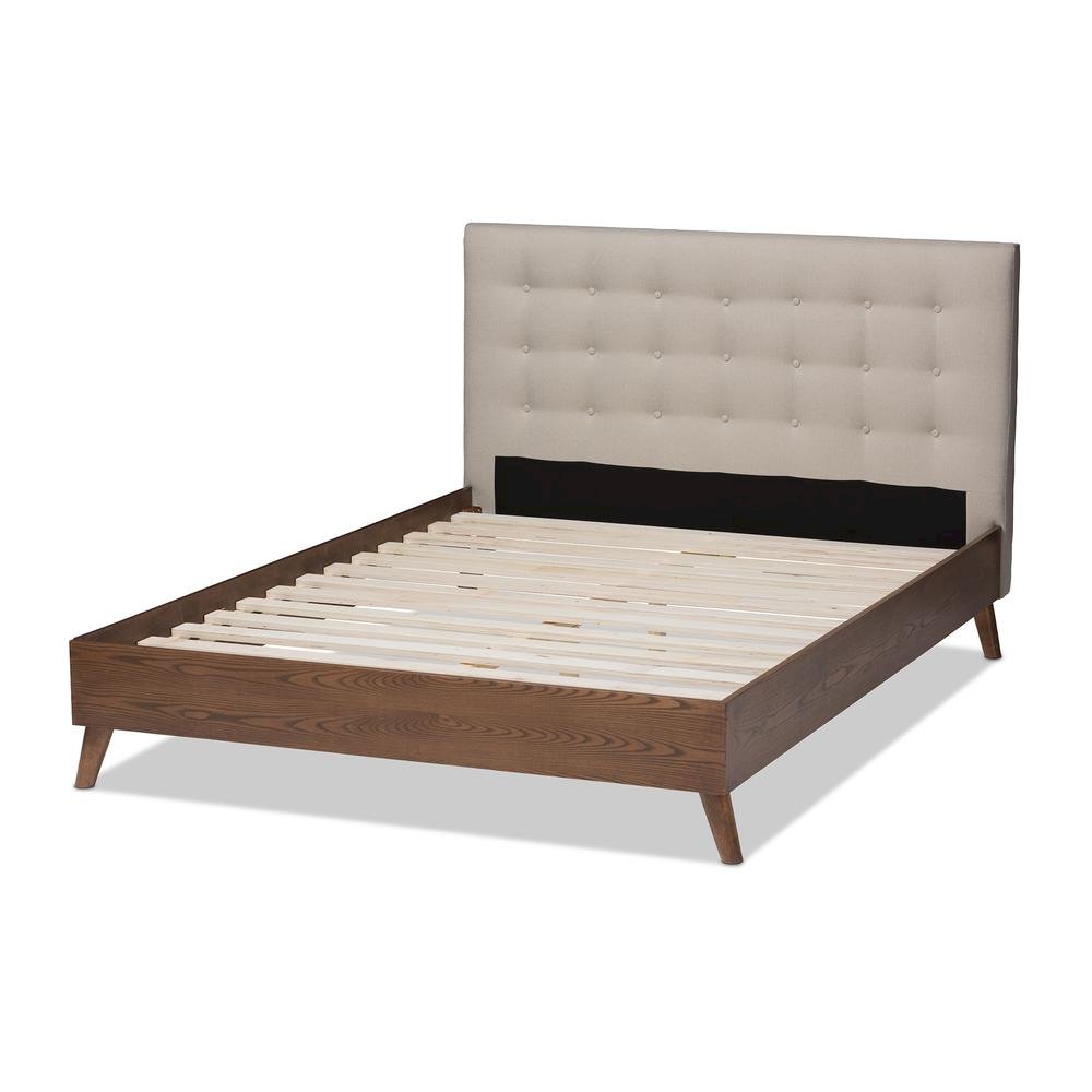 Light Beige Fabric Upholstered Walnut Wood King Size Platform Bed