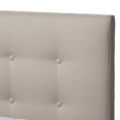 Light Beige Fabric Upholstered Walnut Wood King Size Platform Bed