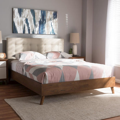 Light Beige Fabric Upholstered Walnut Wood King Size Platform Bed
