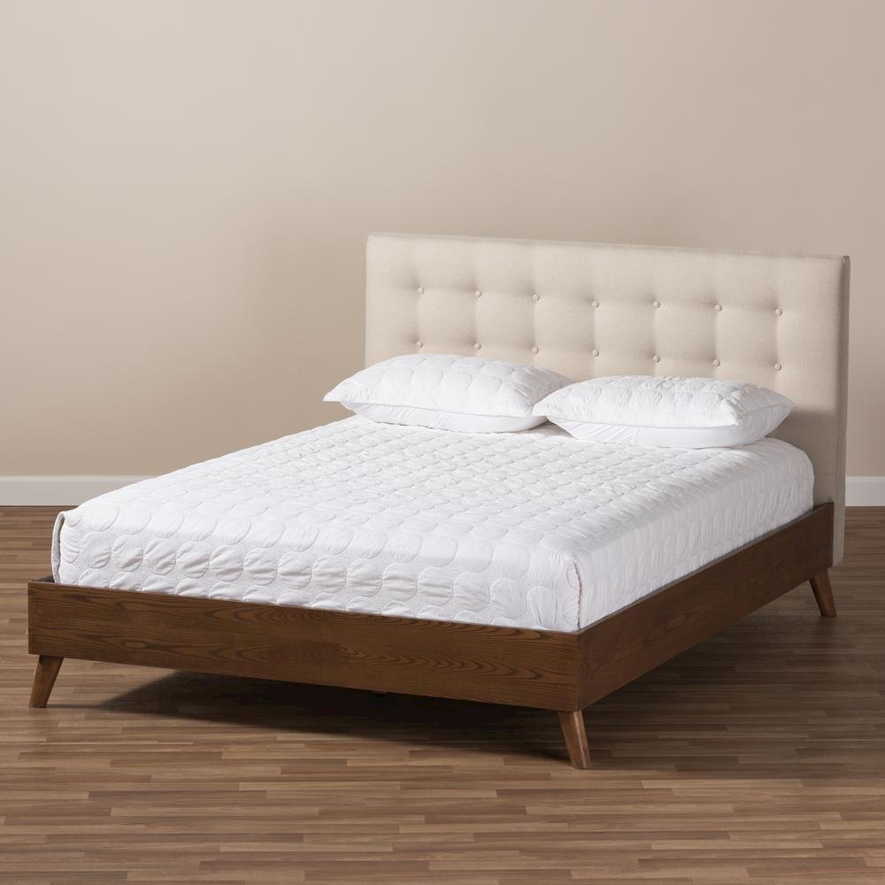 Light Beige Fabric Upholstered Walnut Wood King Size Platform Bed