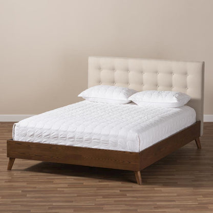 Light Beige Fabric Upholstered Walnut Wood King Size Platform Bed