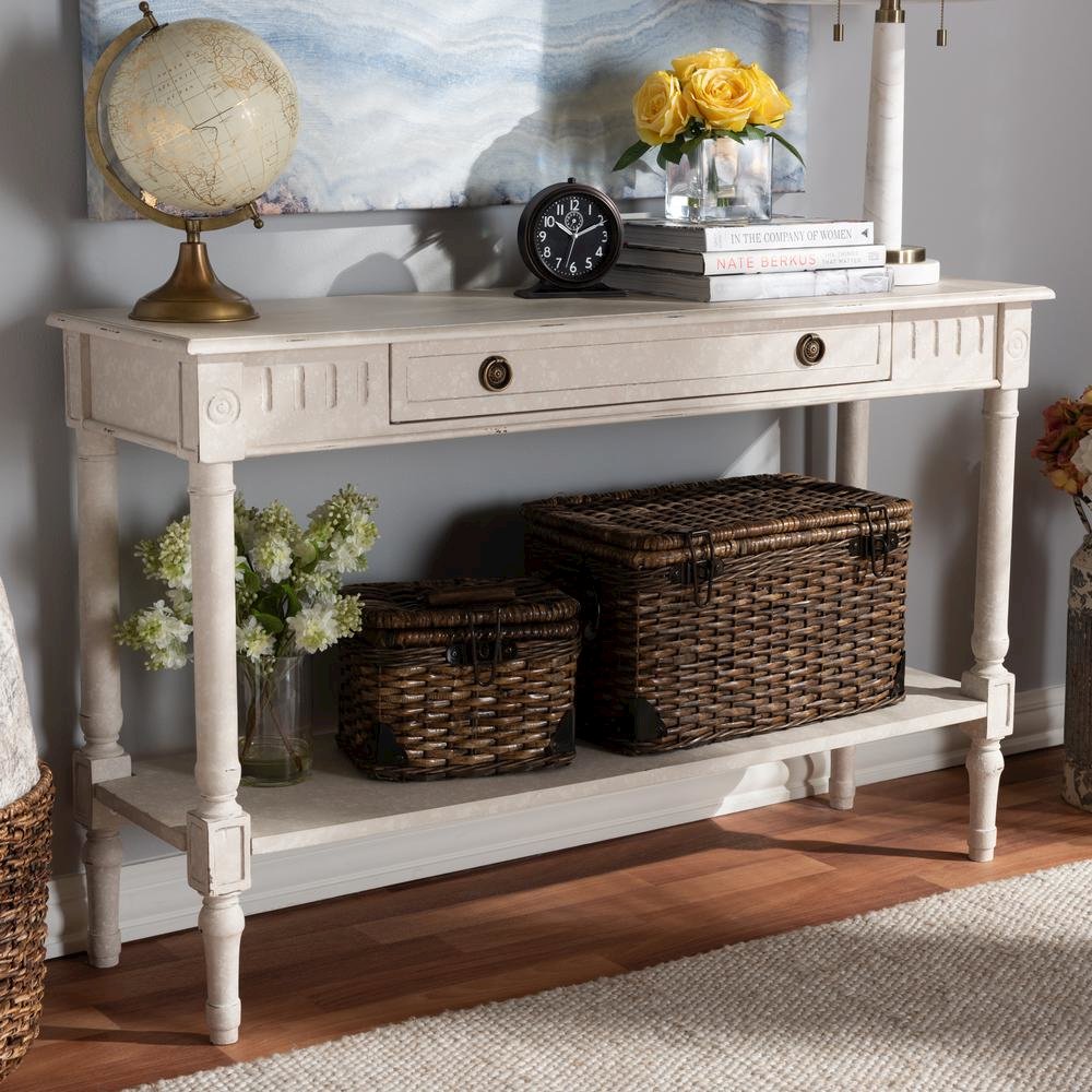 Ariella Country Cottage Farmhouse Whitewashed 1-Drawer Console Table