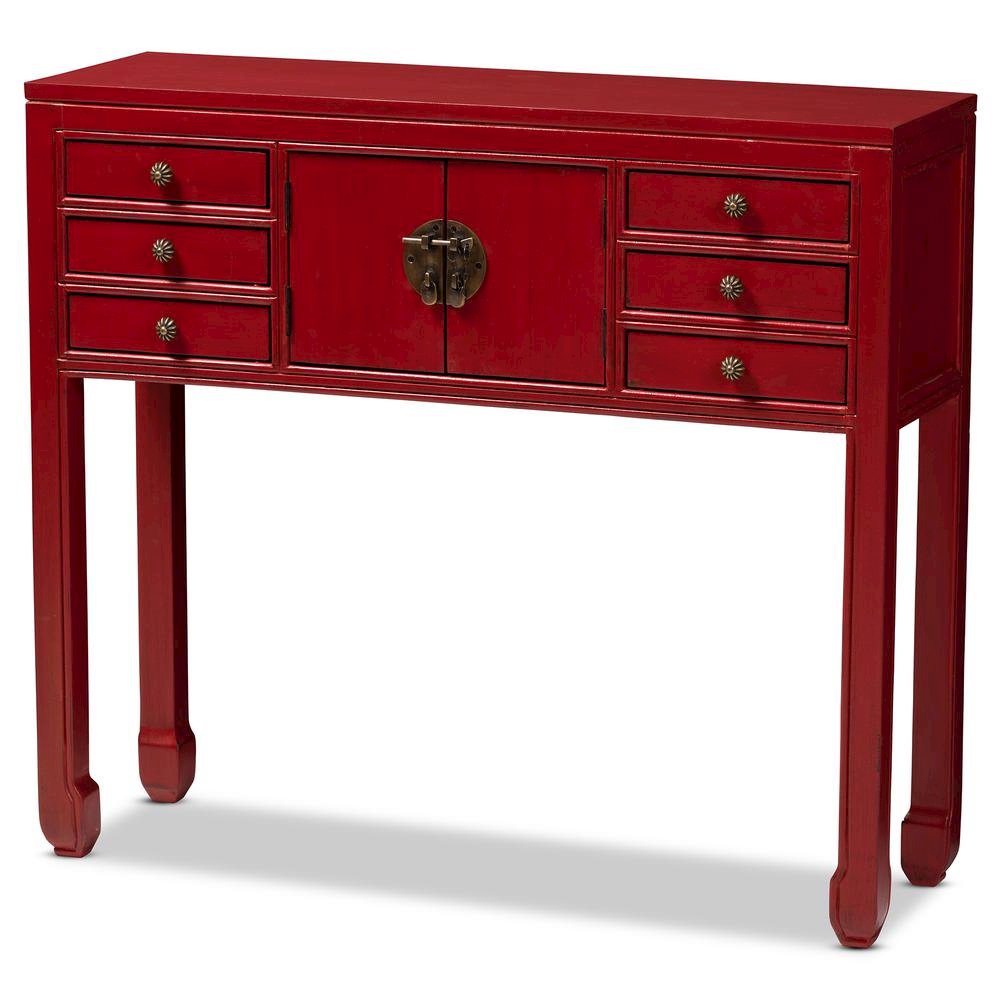 Antique Red Finished Wood Bronze Finished Accents 6-Drawer Console Table
