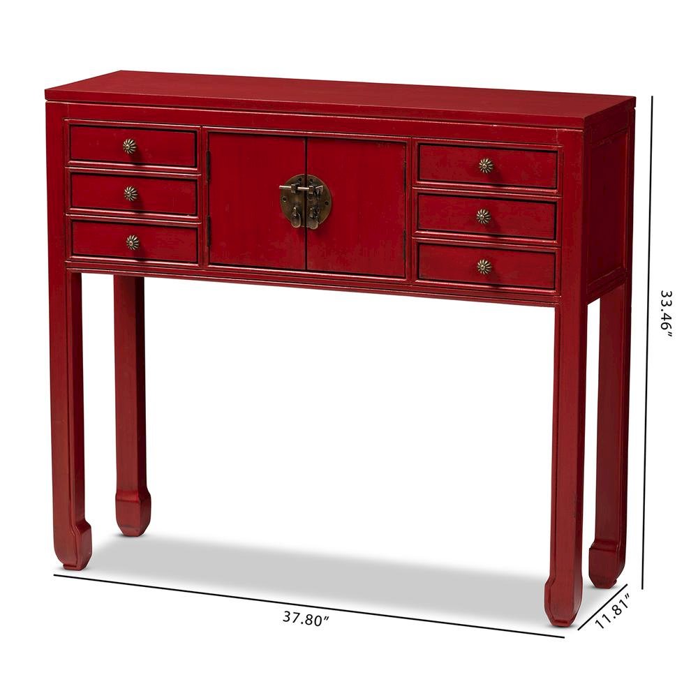 Antique Red Finished Wood Bronze Finished Accents 6-Drawer Console Table