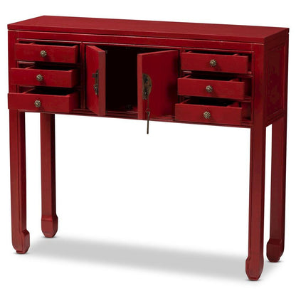 Antique Red Finished Wood Bronze Finished Accents 6-Drawer Console Table