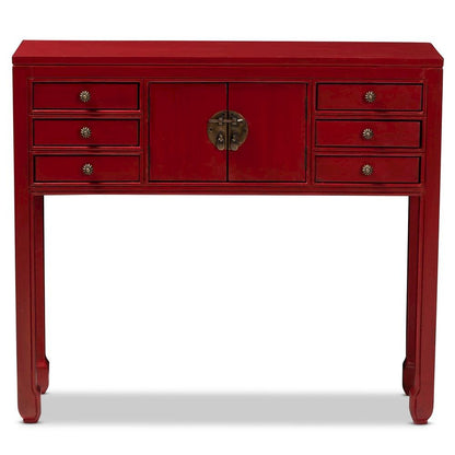 Antique Red Finished Wood Bronze Finished Accents 6-Drawer Console Table