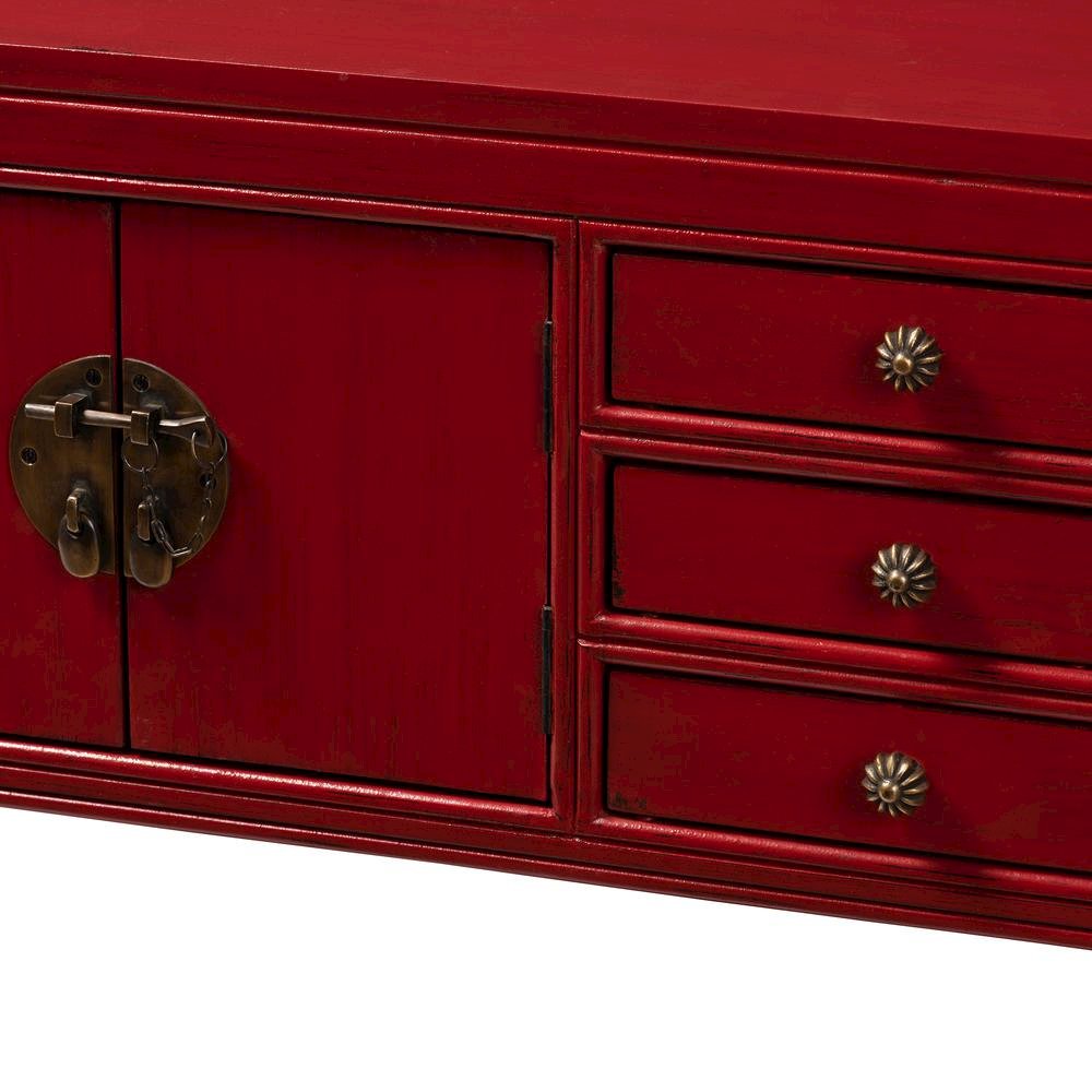 Antique Red Finished Wood Bronze Finished Accents 6-Drawer Console Table