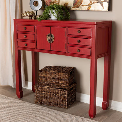 Antique Red Finished Wood Bronze Finished Accents 6-Drawer Console Table