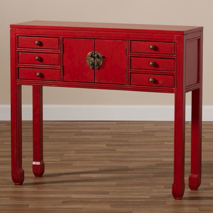 Antique Red Finished Wood Bronze Finished Accents 6-Drawer Console Table