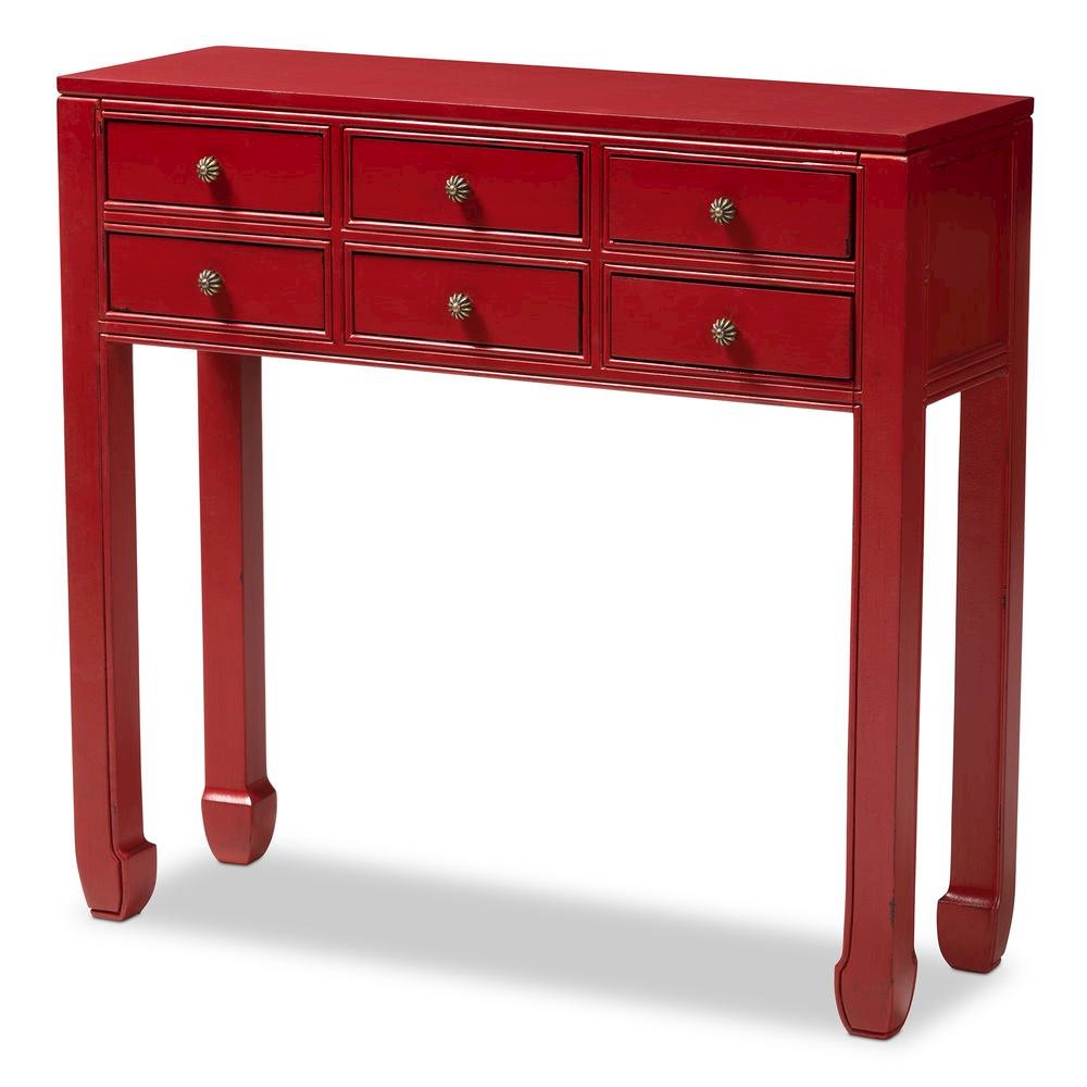 Antique Red Finished Wood Bronze Finished Accents 6-Drawer Console Table