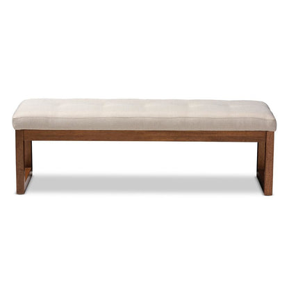 Light Beige Fabric Upholstered Walnut Brown Finished Wood Bench