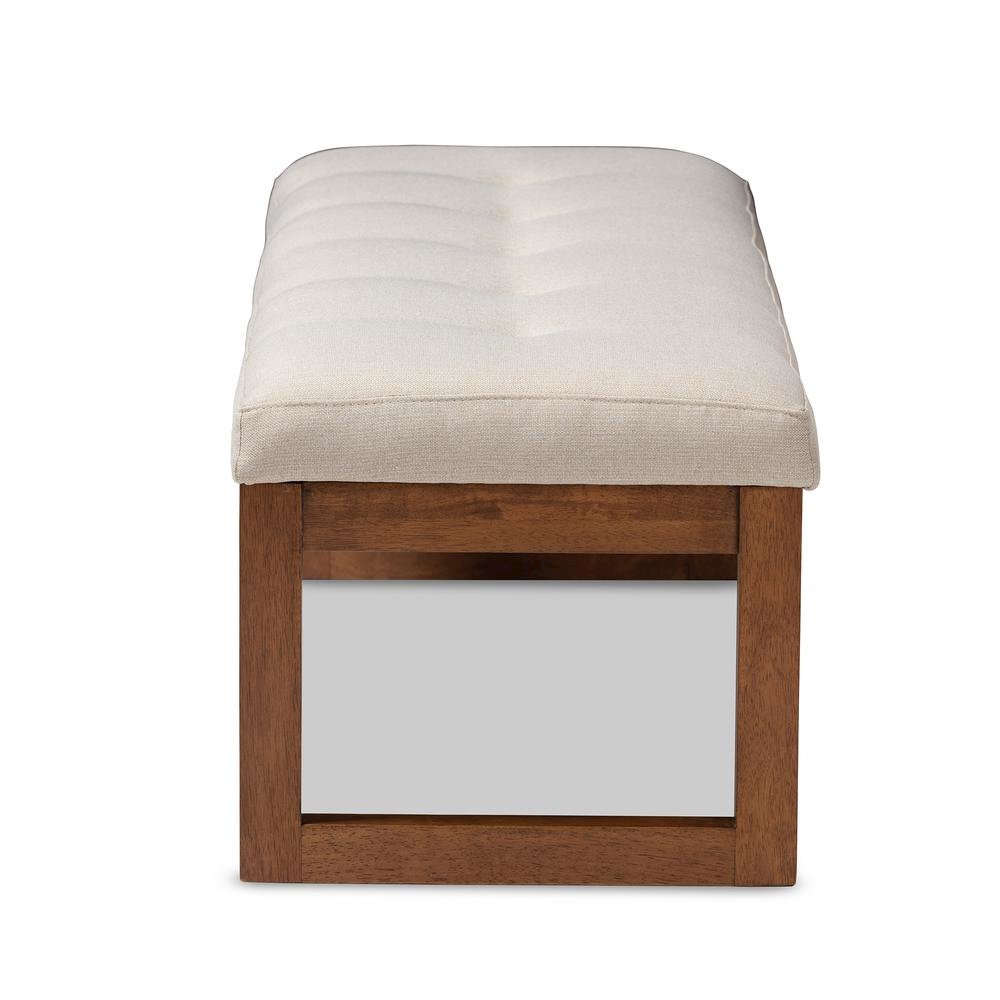 Light Beige Fabric Upholstered Walnut Brown Finished Wood Bench
