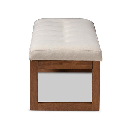 Light Beige Fabric Upholstered Walnut Brown Finished Wood Bench
