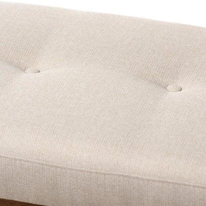 Light Beige Fabric Upholstered Walnut Brown Finished Wood Bench