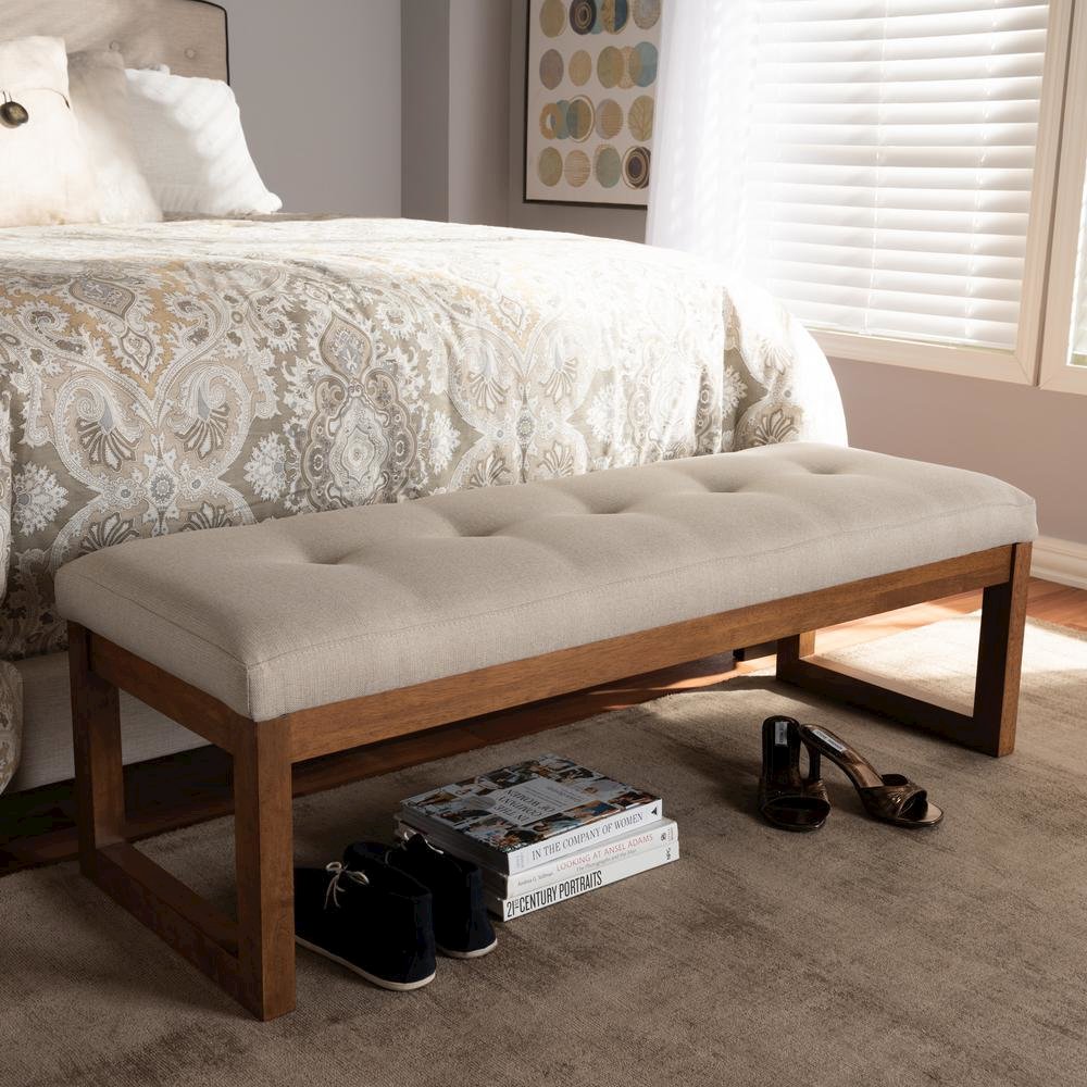 Light Beige Fabric Upholstered Walnut Brown Finished Wood Bench