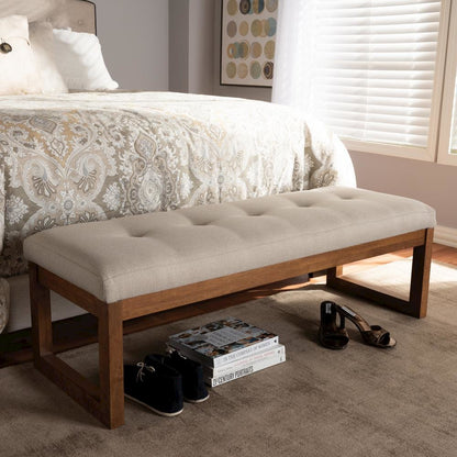 Light Beige Fabric Upholstered Walnut Brown Finished Wood Bench