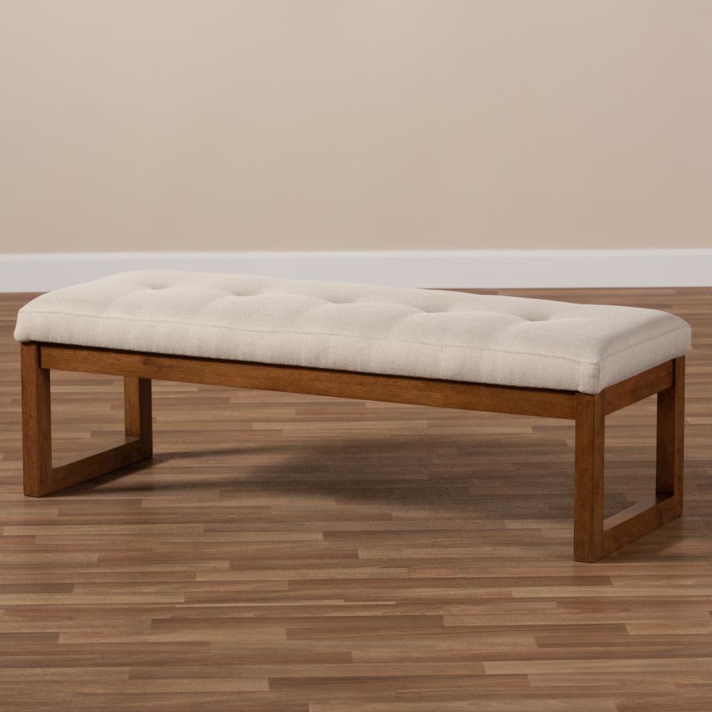 Light Beige Fabric Upholstered Walnut Brown Finished Wood Bench
