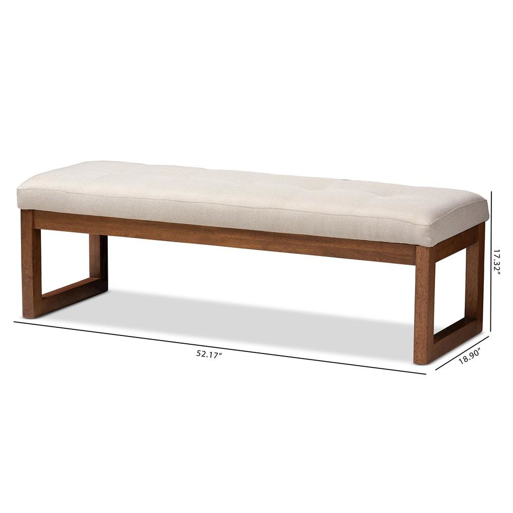 Light Beige Fabric Upholstered Walnut Brown Finished Wood Bench