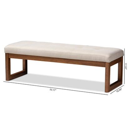 Light Beige Fabric Upholstered Walnut Brown Finished Wood Bench