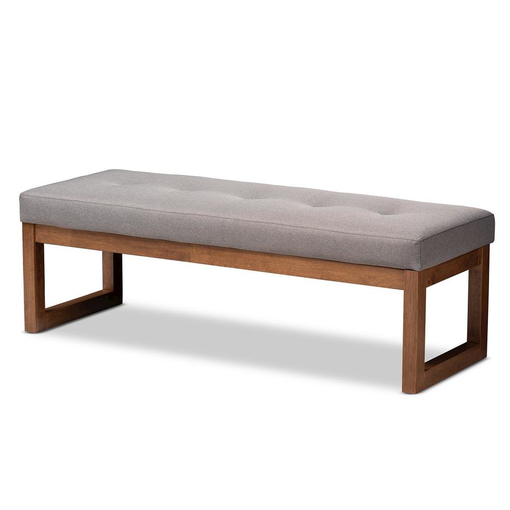 Grey Fabric Upholstered Walnut Brown Finished Wood Bench