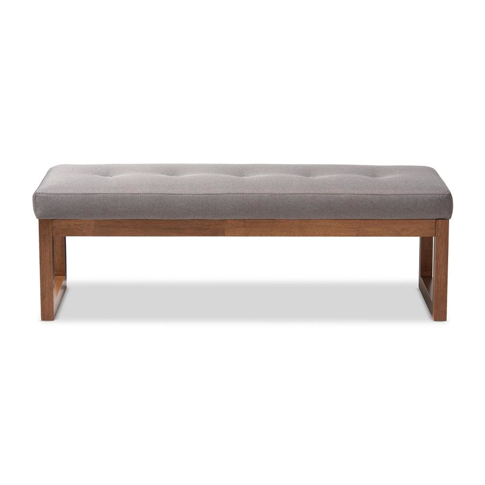 Grey Fabric Upholstered Walnut Brown Finished Wood Bench