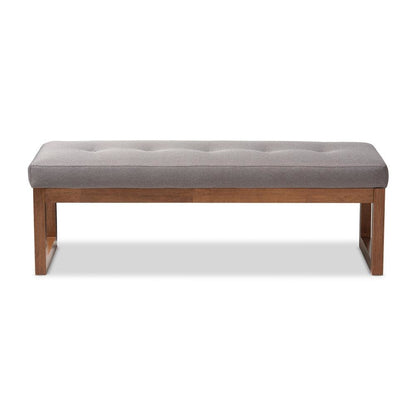 Grey Fabric Upholstered Walnut Brown Finished Wood Bench