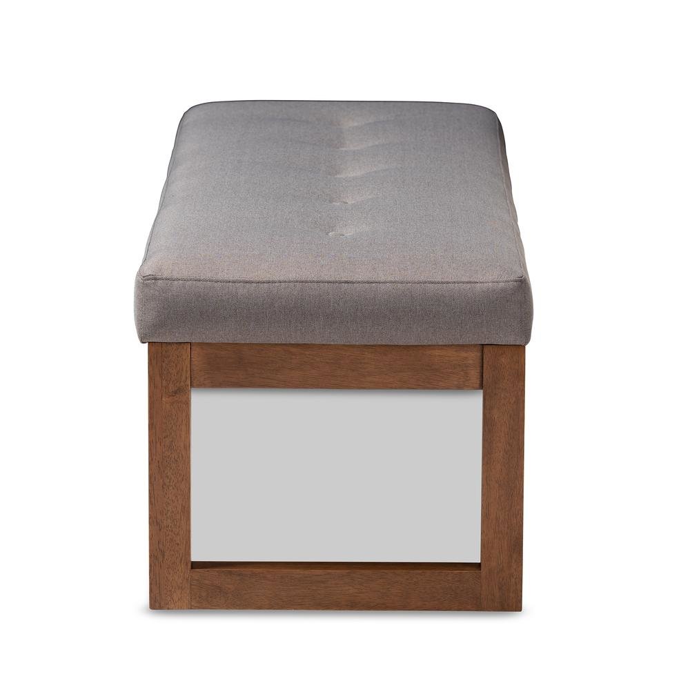 Grey Fabric Upholstered Walnut Brown Finished Wood Bench