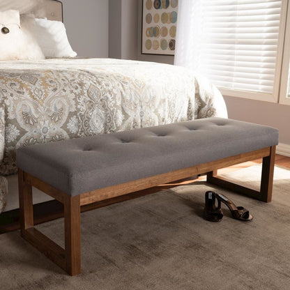 Grey Fabric Upholstered Walnut Brown Finished Wood Bench