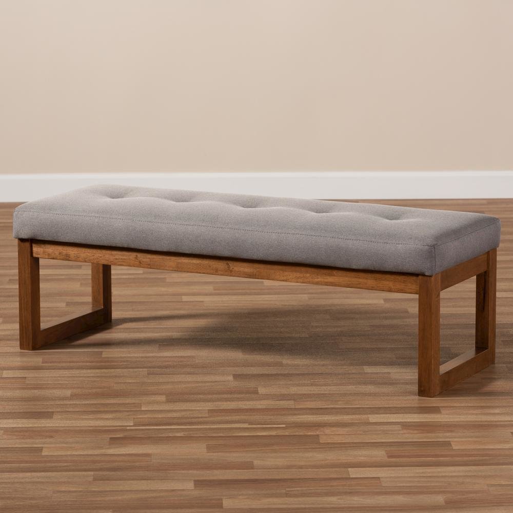 Grey Fabric Upholstered Walnut Brown Finished Wood Bench