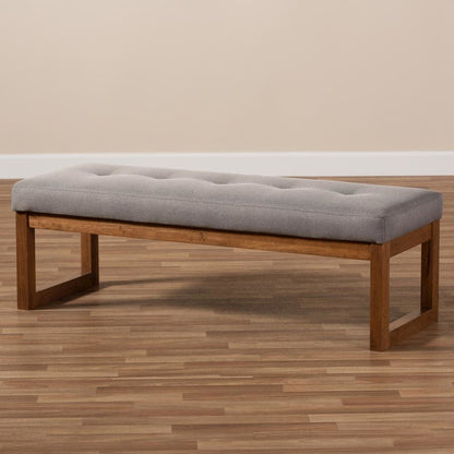 Grey Fabric Upholstered Walnut Brown Finished Wood Bench