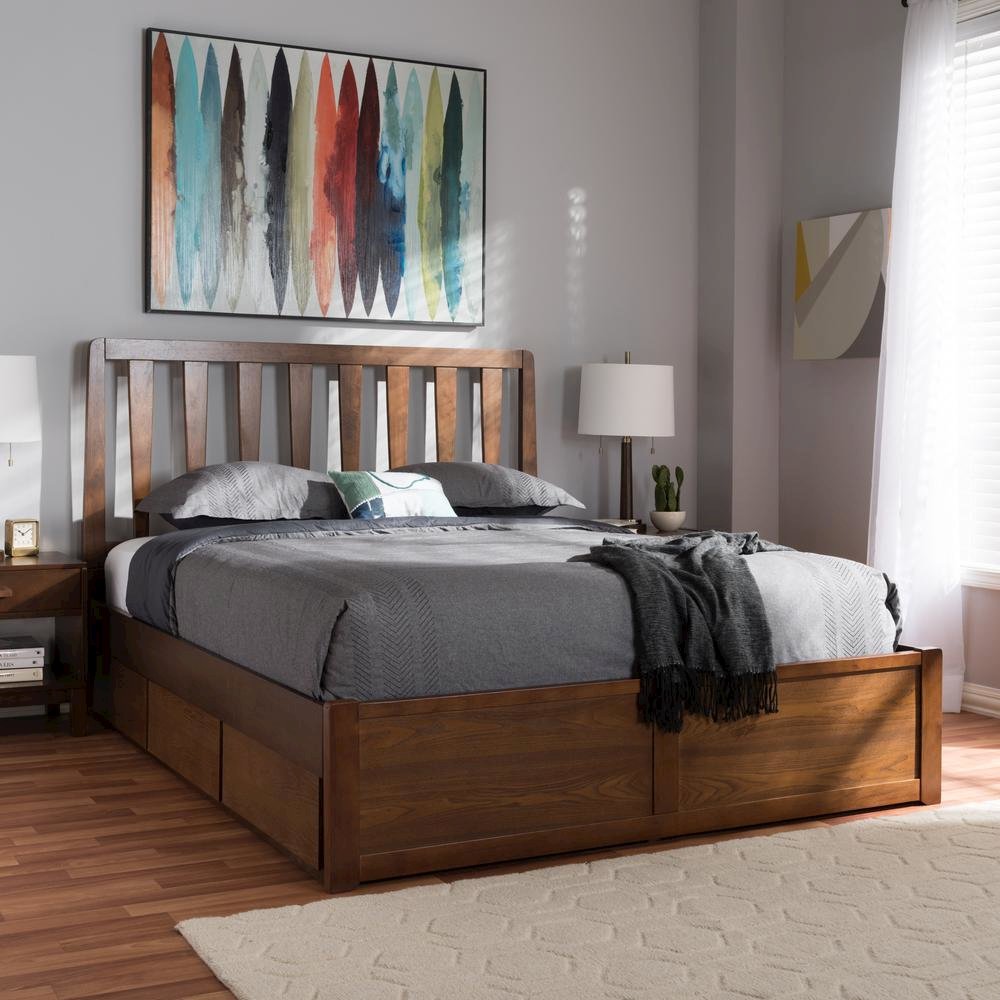 Raurey Modern and Contemporary Walnut Finished Queen Size Storage Platform Bed