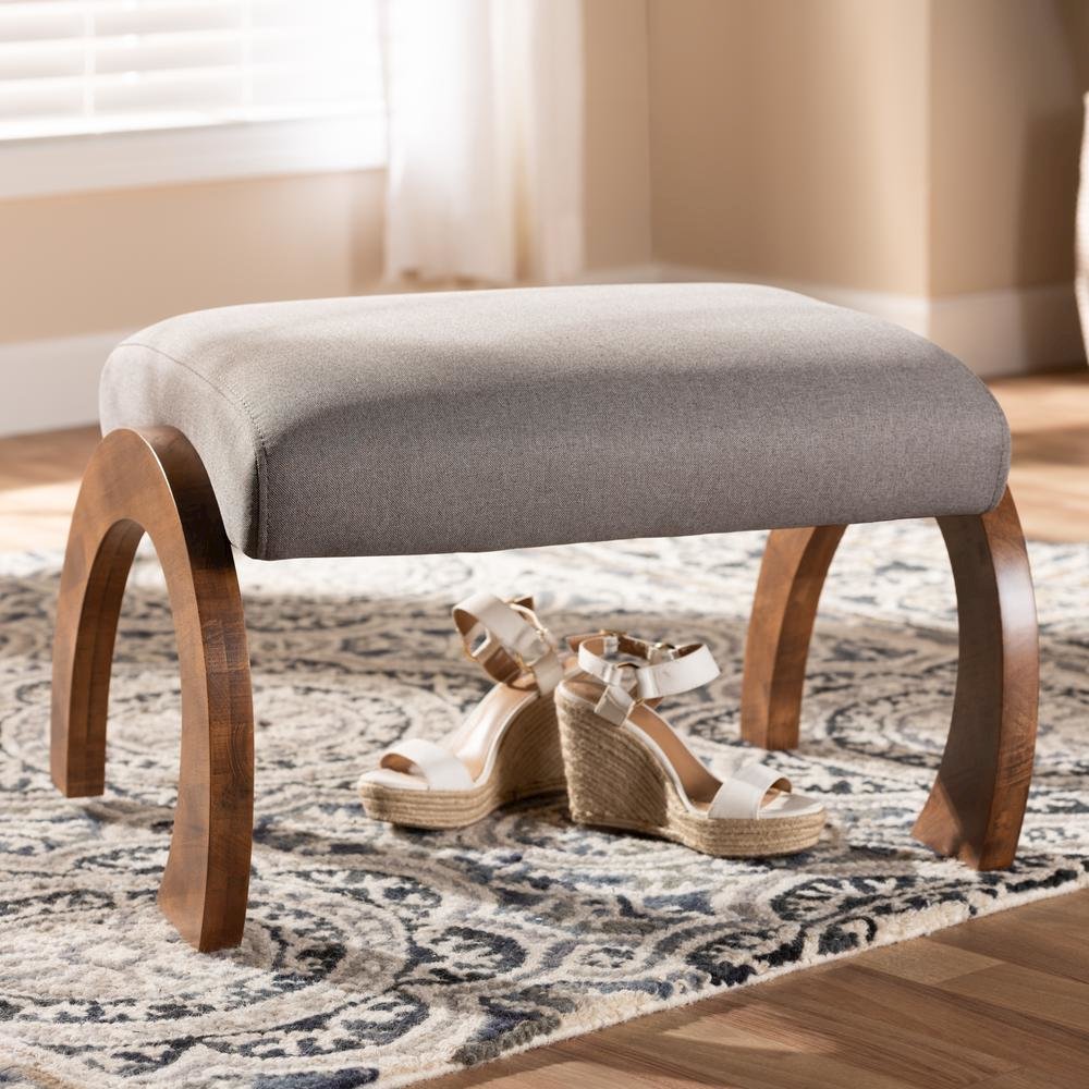 Grey Fabric Upholstered Walnut Brown Finished Wood Ottoman