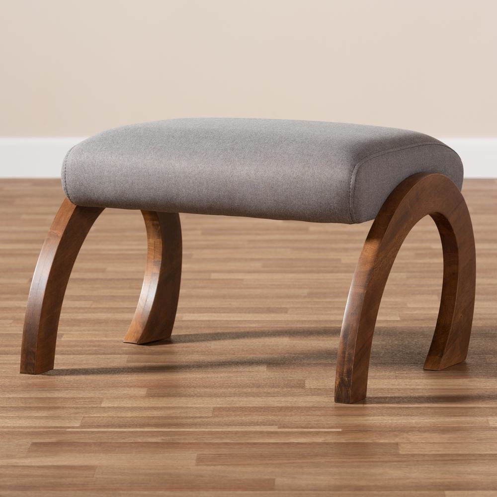 Grey Fabric Upholstered Walnut Brown Finished Wood Ottoman