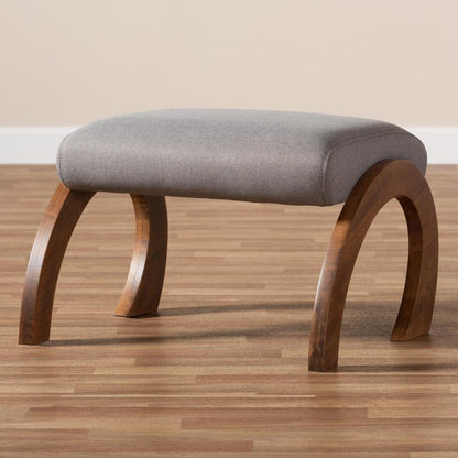 Grey Fabric Upholstered Walnut Brown Finished Wood Ottoman
