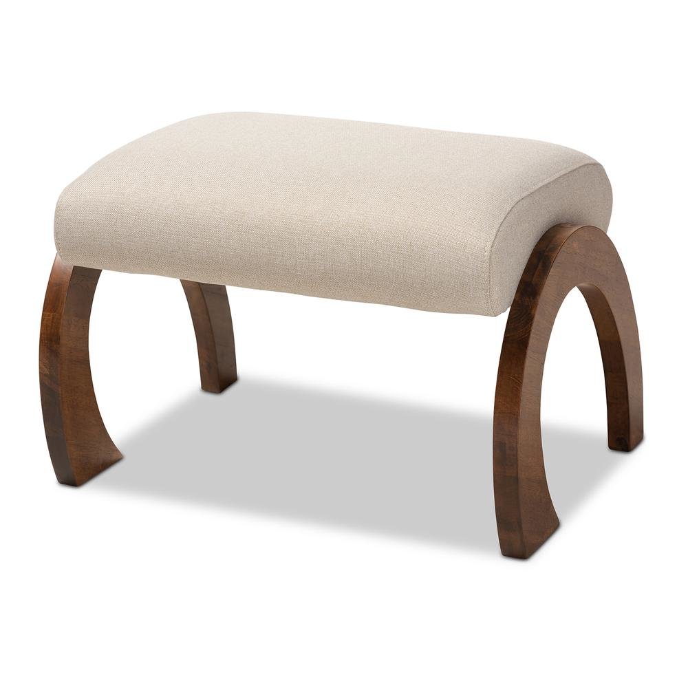 Light Beige Fabric Upholstered Walnut Brown Finished Wood Ottoman