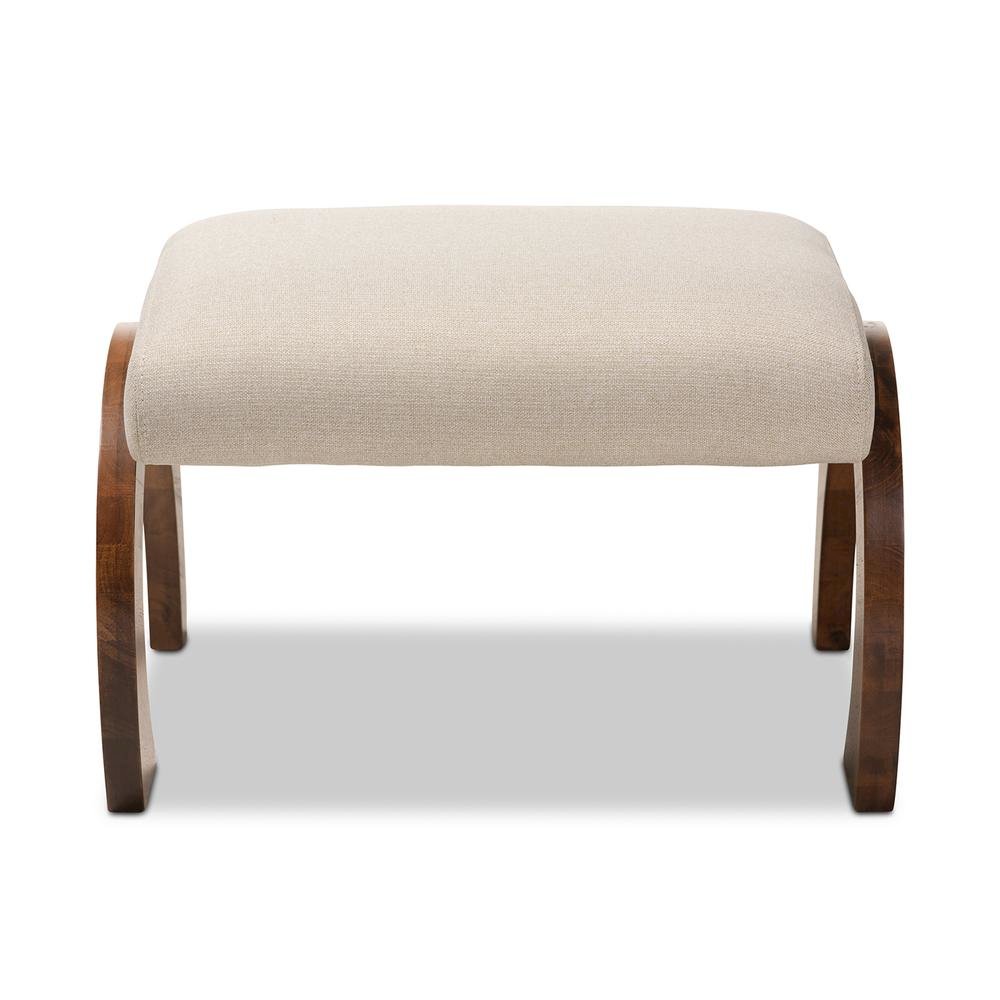 Light Beige Fabric Upholstered Walnut Brown Finished Wood Ottoman